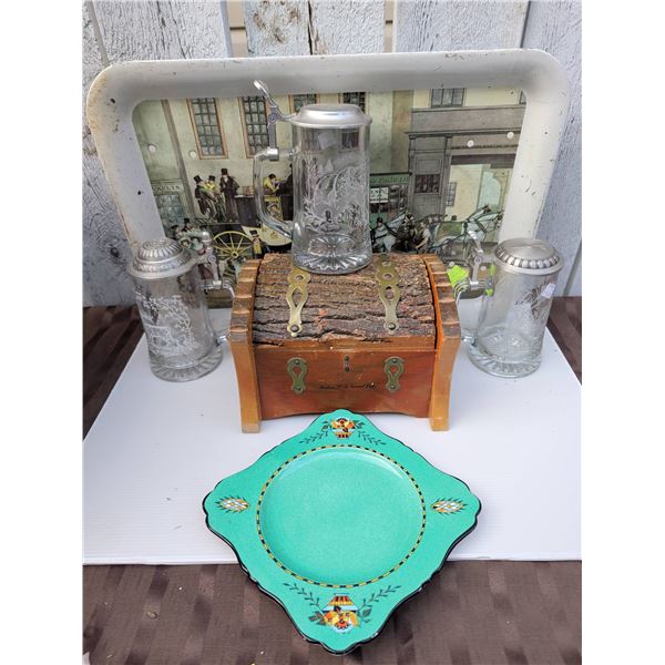 Royal Winton Saxon Plate, Three Glass Beer Steins, Wood Chest, Metal TV Tray Set