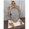 Image 1 : Burwood USA Ornate Gold-Tone Wall Mirror with Pair of Matching Candle Sconces