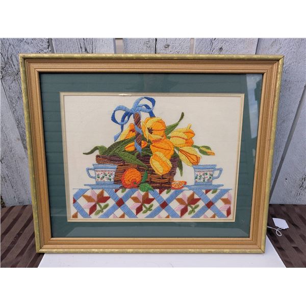 Framed Floral Still Life Needlework with Basket, Cups, and Gold Frame