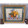 Image 1 : Framed Floral Still Life Needlework with Basket, Cups, and Gold Frame