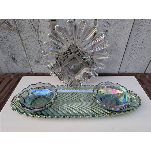 Iridescent Pressed Glass Platters and Bowls Assortment, Including Scalloped and Oval Designs