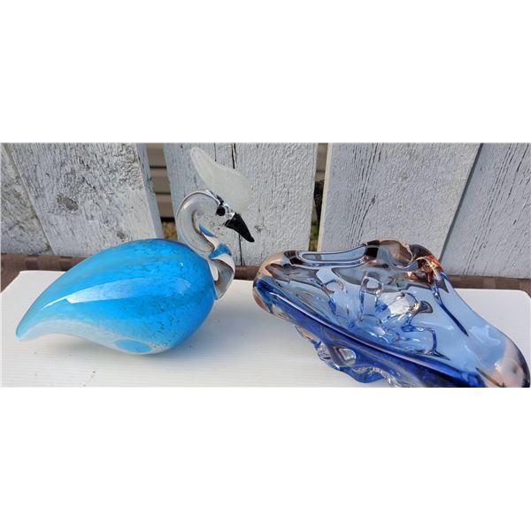 Blue Art Glass Bird Figurine & Speckled Murano-Style Glass Ashtray