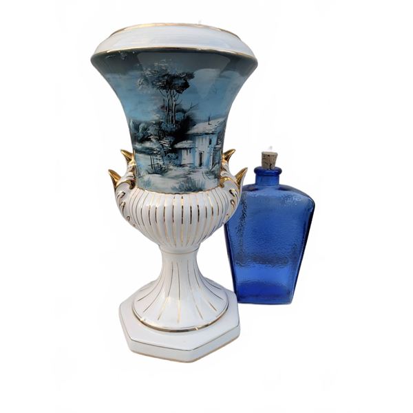 Porcelain Urn with Blue Scenic Motif and Gilt Accents and Blue Glass Bottle