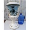 Image 2 : Porcelain Urn with Blue Scenic Motif and Gilt Accents and Blue Glass Bottle