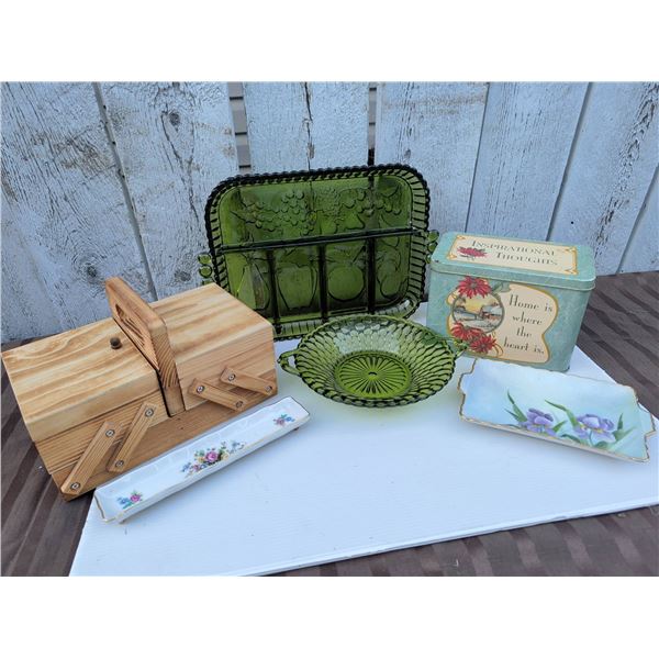 Green Glassware, Wood Sewing Box, Inspirational Tin and Alberta Painted Plate