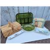 Image 1 : Green Glassware, Wood Sewing Box, Inspirational Tin and Alberta Painted Plate