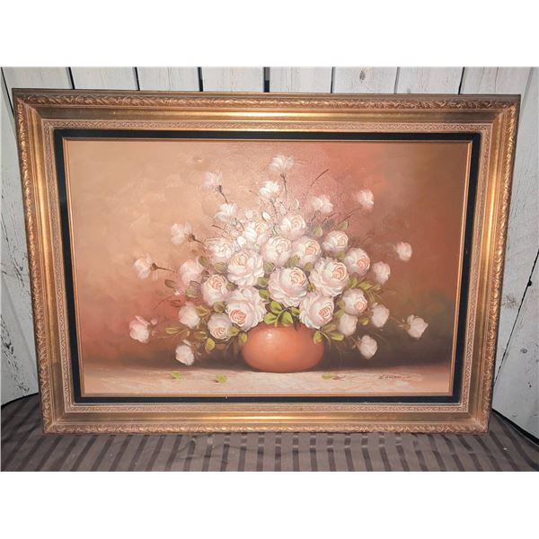 Oil on Canvas Painting of Pink Roses in Ornate Gold Frame Signed S. Prague