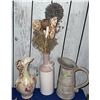 Image 1 : Decor Lot: Ceramic Ewer, Pink Vase with Dried Arrangement, Metal Pitcher, Amber Glass