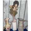 Image 2 : Decor Lot: Ceramic Ewer, Pink Vase with Dried Arrangement, Metal Pitcher, Amber Glass
