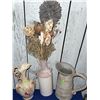 Image 3 : Decor Lot: Ceramic Ewer, Pink Vase with Dried Arrangement, Metal Pitcher, Amber Glass
