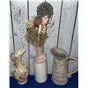 Image 4 : Decor Lot: Ceramic Ewer, Pink Vase with Dried Arrangement, Metal Pitcher, Amber Glass