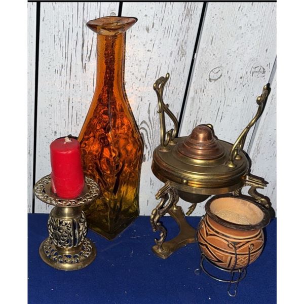 Amber Glass Vase, Brass Candle Holder, Brass Incense Burner, Small Clay Drum