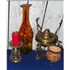 Image 1 : Amber Glass Vase, Brass Candle Holder, Brass Incense Burner, Small Clay Drum