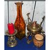 Image 2 : Amber Glass Vase, Brass Candle Holder, Brass Incense Burner, Small Clay Drum