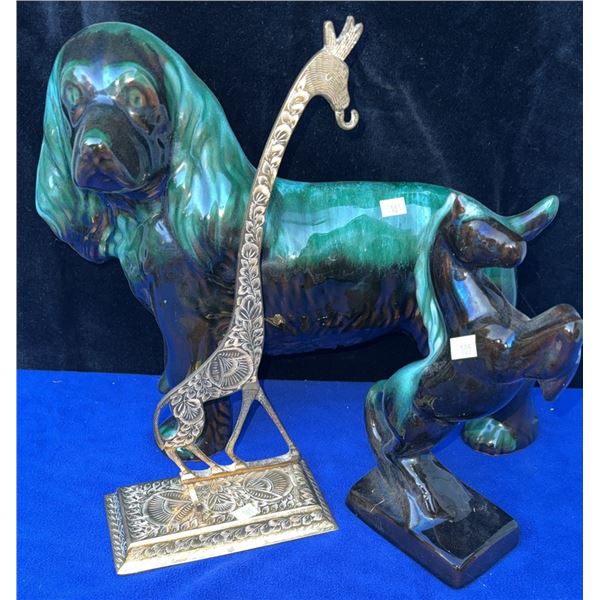 Three Decorative Figurines: Ceramic Dog, Ceramic Horse, and Metal Giraffe