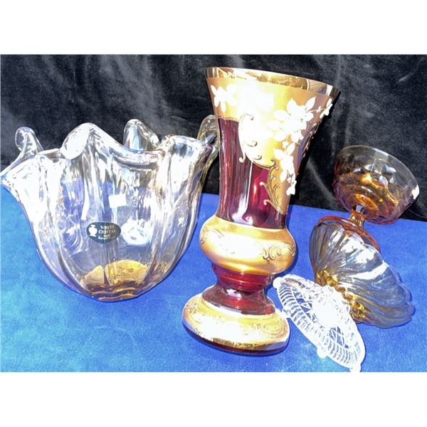 Art Glass Items Including White Crystal and Enamelled Vase