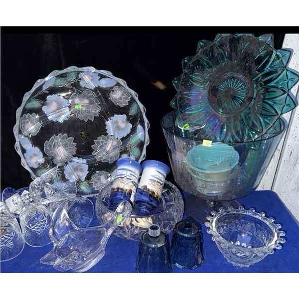 Glassware Lot with Pressed, Cut and Coloured Glass Bowls and Drinkware