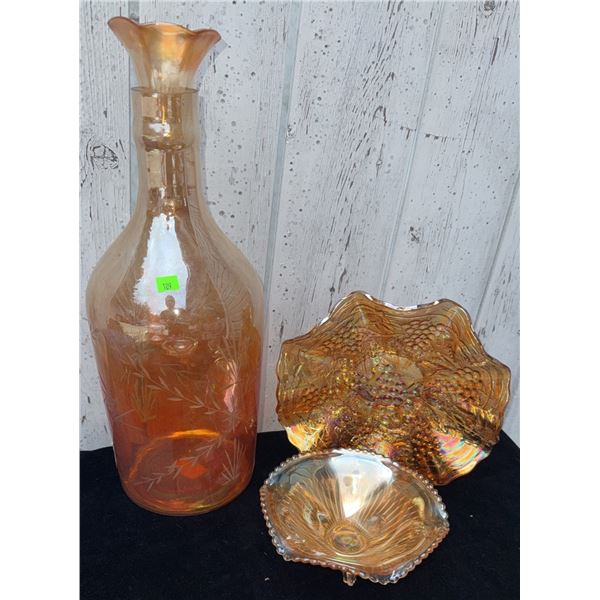 Marigold Carnival Glass Trio with Bottle and Two Dishes
