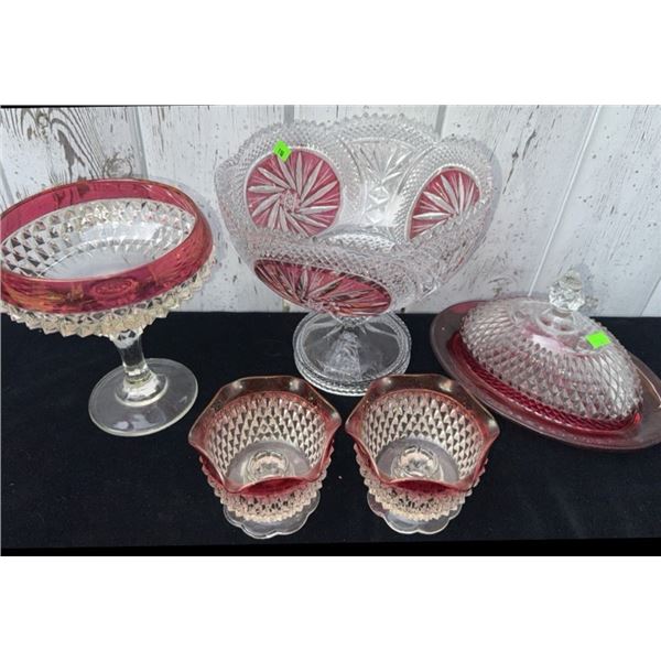 Cranberry Depression Glass and Carnival Glass Serveware Assortment