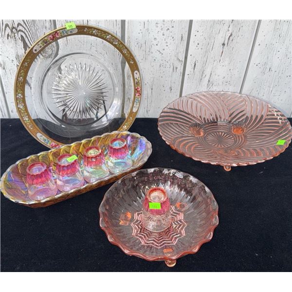 Cranberry Depression Glass, Carnival Glass and Clear Plate with Floral Band Assorted Lot