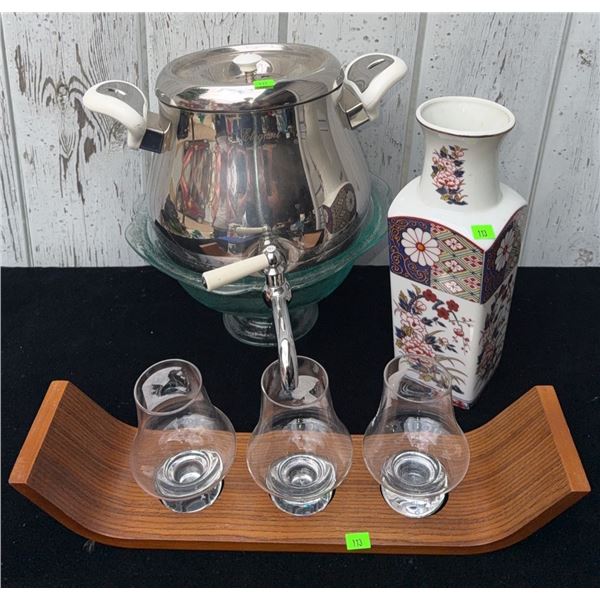Collectable Blue Depression Glass Bowl, Glass Vase, Metal Beverage Dispenser, Tasting Set