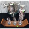 Image 1 : Collectable Blue Depression Glass Bowl, Glass Vase, Metal Beverage Dispenser, Tasting Set