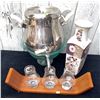 Image 2 : Collectable Blue Depression Glass Bowl, Glass Vase, Metal Beverage Dispenser, Tasting Set