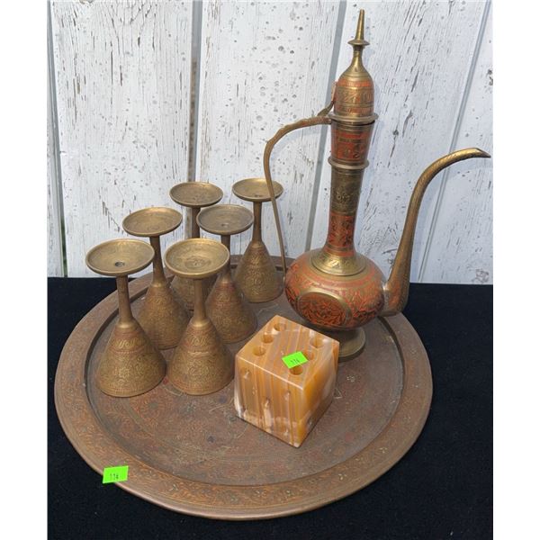Brass Teapot, Six Brass Cups, Tray with Inlaid Detail, and Cigarette Butter Holder