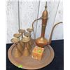 Image 2 : Brass Teapot, Six Brass Cups, Tray with Inlaid Detail, and Cigarette Butter Holder