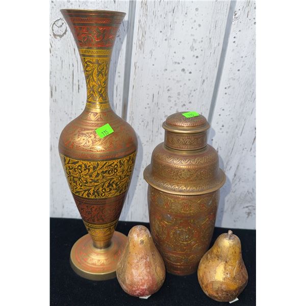 Brass Accessories Lot with Lidded Jar, Vase and Wax Pear Candles