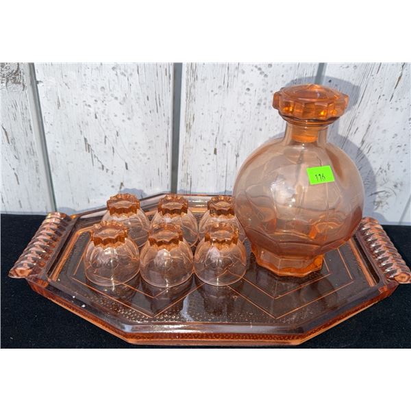 Cranberry Depression Glass Decanter With Six Shot Glasses and Matching Octagonal Tray