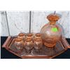 Image 1 : Cranberry Depression Glass Decanter With Six Shot Glasses and Matching Octagonal Tray