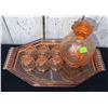 Image 2 : Cranberry Depression Glass Decanter With Six Shot Glasses and Matching Octagonal Tray