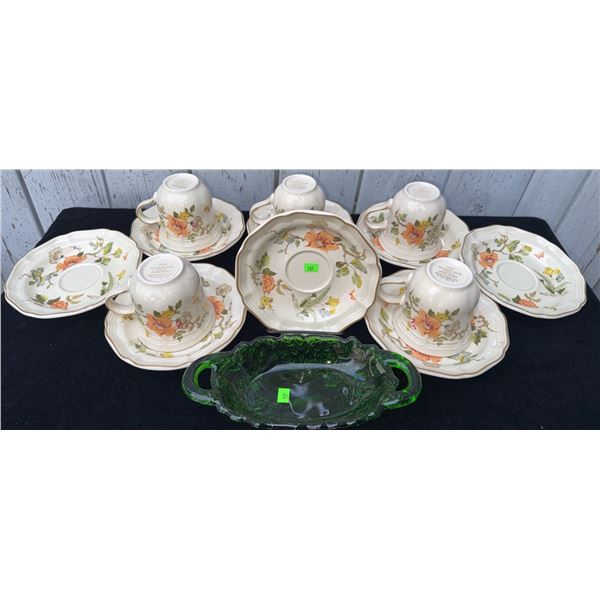 Mikasa Heritage F 2005 Old Tapestry Japan Cups and Saucers with Green Glass Tray