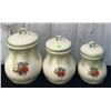 Image 2 : Three Vintage Green Ceramic Canisters with Fruit Motif and Lids