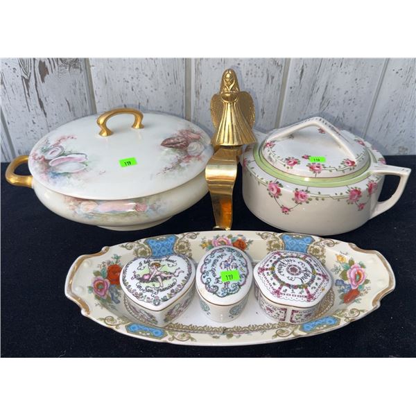 Porcelain Dishes and Brass Angel Including Noritake Japan and Trinket Boxes
