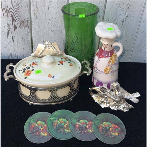 Lot: Ceramic Covered Dish, Green Glass Vase, Chef Jug, Coasters, Bird Salt Shaker
