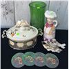Image 1 : Lot: Ceramic Covered Dish, Green Glass Vase, Chef Jug, Coasters, Bird Salt Shaker