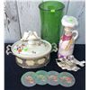 Image 2 : Lot: Ceramic Covered Dish, Green Glass Vase, Chef Jug, Coasters, Bird Salt Shaker