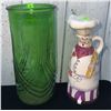 Image 4 : Lot: Ceramic Covered Dish, Green Glass Vase, Chef Jug, Coasters, Bird Salt Shaker