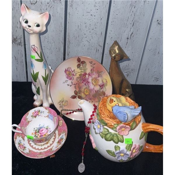 Ceramic Cat Figurines, Marigold Carnival Glass Plate, Floral Teapot, Teacup and Saucer