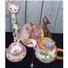 Image 1 : Ceramic Cat Figurines, Marigold Carnival Glass Plate, Floral Teapot, Teacup and Saucer