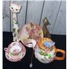 Image 2 : Ceramic Cat Figurines, Marigold Carnival Glass Plate, Floral Teapot, Teacup and Saucer