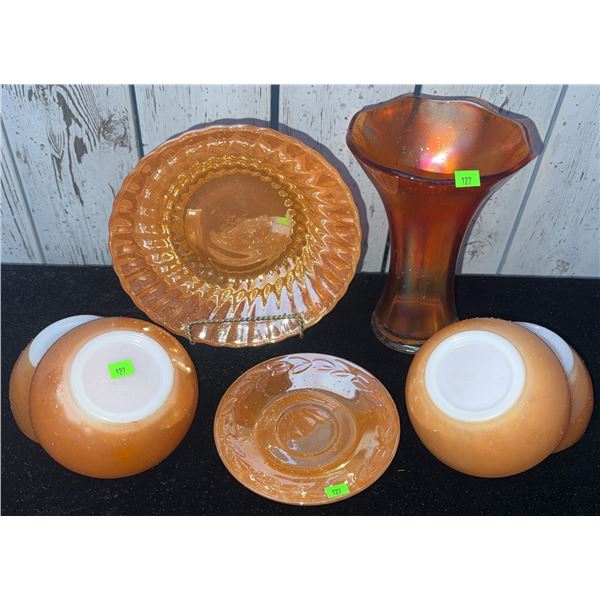 Marigold Carnival Glass Bowls, Plates, and Vase Lot