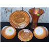 Image 1 : Marigold Carnival Glass Bowls, Plates, and Vase Lot