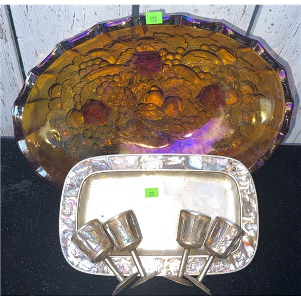 Marigold Carnival Glass Serving Bowl With Four Mini Cups and Rectangular Tray