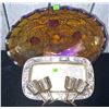 Image 1 : Marigold Carnival Glass Serving Bowl With Four Mini Cups and Rectangular Tray