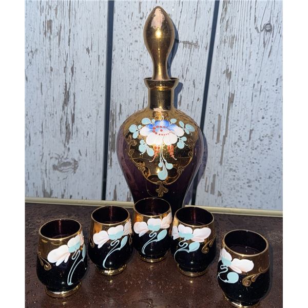 Hand-Painted Glass Decanter with Gold Trim and Five Matching Glasses