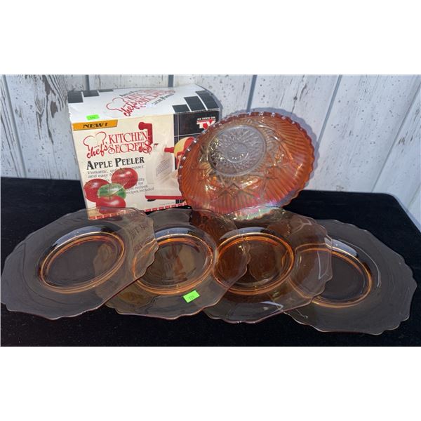 4 Amber Glass Plates, Pressed Glass Bowl, and Chef's Apple Peeler