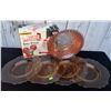 Image 1 : 4 Amber Glass Plates, Pressed Glass Bowl, and Chef's Apple Peeler